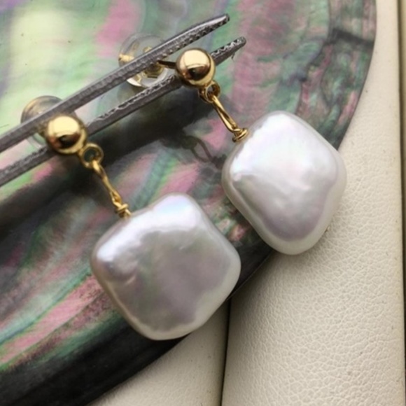 Hand Crafted Jewelry - White Square Shaped NATURAL Pearl Drops - 14K Yellow Gold Plate